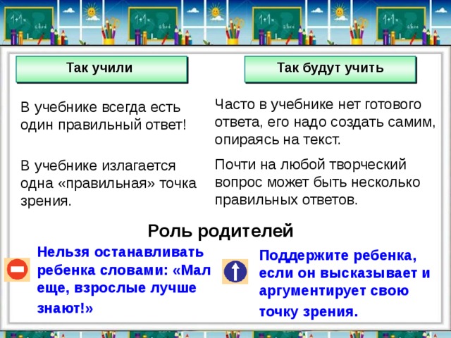 Так учили Так будут учить  Часто в учебнике нет готового ответа, его надо создать самим, опираясь на текст. Почти на любой творческий вопрос может быть несколько правильных ответов. В учебнике всегда есть один правильный ответ!  В учебнике излагается одна «правильная» точка зрения. Роль родителей Нельзя останавливать ребенка словами: «Мал еще, взрослые лучше знают!»  Поддержите ребенка, если он высказывает и аргументирует свою точку зрения.  