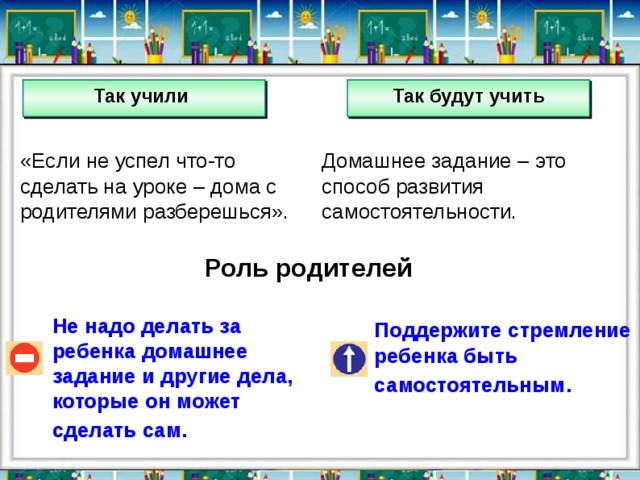 Так будут учить Так учили  «Если не успел что-то сделать на уроке – дома с родителями разберешься». Домашнее задание – это способ развития самостоятельности. Роль родителей Не надо делать за ребенка домашнее задание и другие дела, которые он может сделать сам.  Поддержите стремление ребенка быть самостоятельным.  