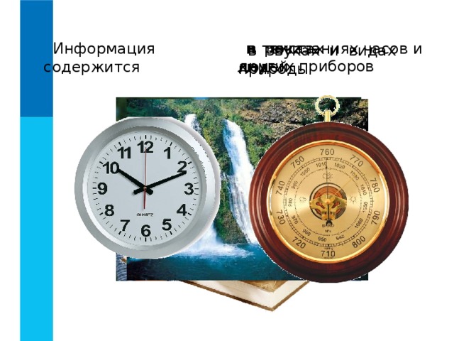 в показаниях часов и других приборов Информация содержится в текстах книг в речи людей в звуках и видах природы 