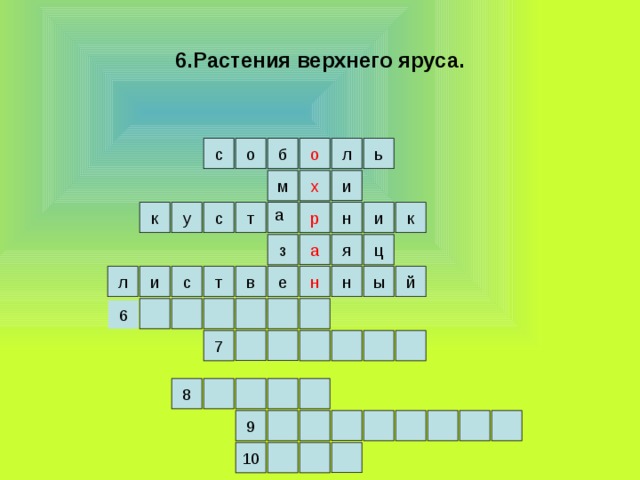 6.Растения верхнего яруса. л о б о с ь х и м а к р к у и н с т а ц я з н т н и в ы с е л й 6 7 8 9 10 