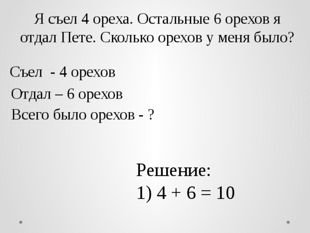 Остальные 6. Решение задачи я съел 4 ореха остальные. Я съел 4 ореха остальные 6 отдал. 4 Ореха остальные 6 я отдал Пете сколько орехов у меня было. Сколько это будет я съел осталось я отдал Пете сколько орехов.