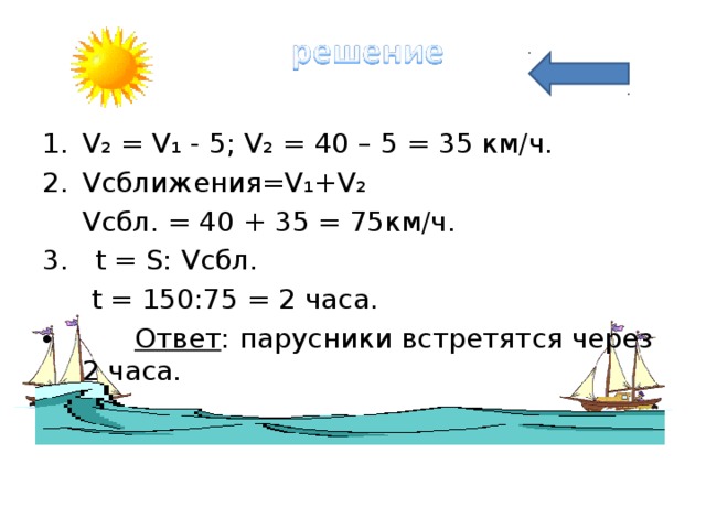 V₂  =  V₁  -  5; V₂  = 40  –  5  =  35 км/ч. V сближения =V₁+V₂  V сбл . = 40 + 35 = 75км/ч. 3. t = S: V сбл .    t = 150:75 = 2 часа.  Ответ : парусники встретятся через 2 часа. 