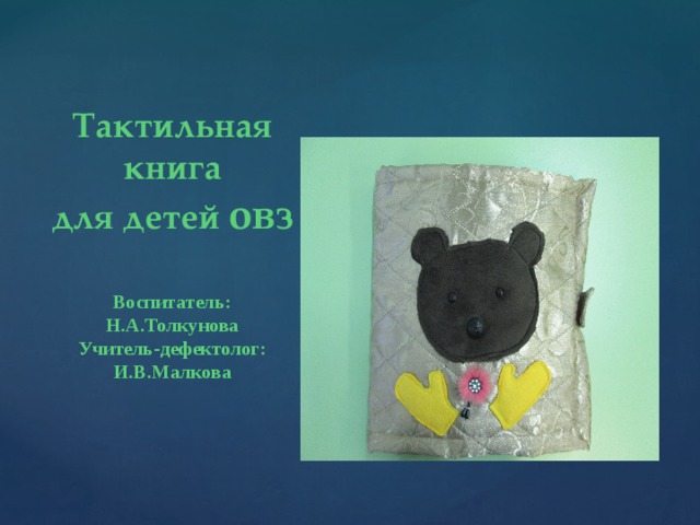 Тактильная книга для детей овз  Воспитатель: Н.А.Толкунова Учитель-дефектолог: И.В.Малкова 