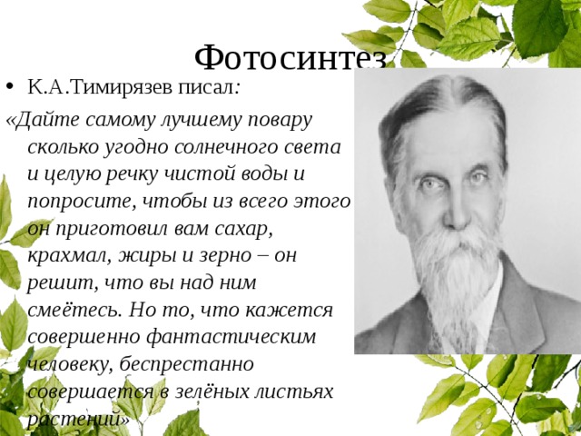 Фотосинтез К.А.Тимирязев писал : «Дайте самому лучшему повару сколько угодно солнечного света и целую речку чистой воды и попросите, чтобы из всего этого он приготовил вам сахар, крахмал, жиры и зерно – он решит, что вы над ним смеётесь. Но то, что кажется совершенно фантастическим человеку, беспрестанно совершается в зелёных листьях растений »  
