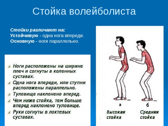 Стойка волейболиста Стойки различают на: Устойчивую - одна нога впереди. Основную - ноги параллельно. 