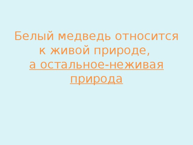 Белый медведь относится к живой природе,  а остальное-неживая природа 