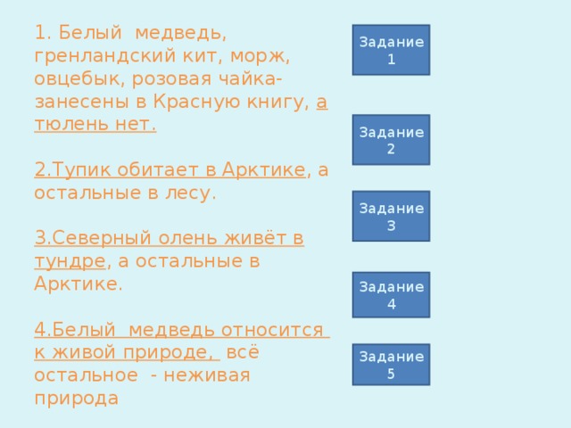 1. Белый медведь, гренландский кит, морж, овцебык, розовая чайка- занесены в Красную книгу, а тюлень нет.   2.Тупик обитает в Арктике , а остальные в лесу.   3.Северный олень живёт в тундре , а остальные в Арктике.   4.Белый медведь относится к живой природе, всё остальное - неживая природа   5. Чёрное море находится на юге страны, всё остальное на севере. Задание1 Задание 2 Задание 3 Задание 4 Задание 5 