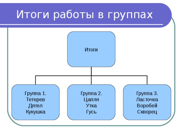 Итоги работы в группах Итоги Группа 1. Тетерев Дятел Кукушка Группа 2. Цапля Утка Гусь Группа 3. Ласточка Воробей Скворец 