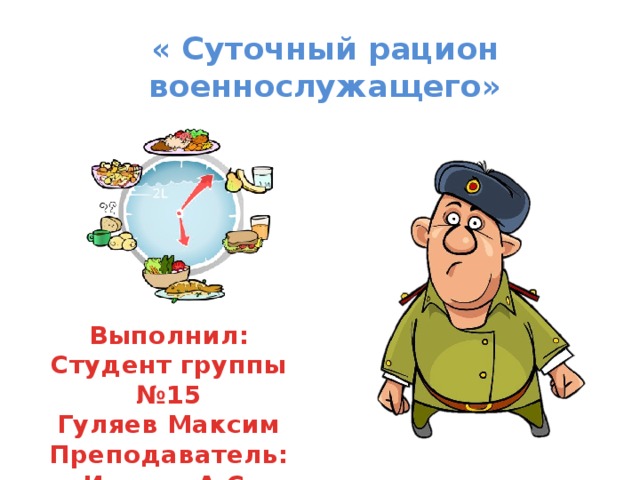 « Суточный рацион военнослужащего» Выполнил: Студент группы №15  Гуляев Максим  Преподаватель: Иванов А.С.  