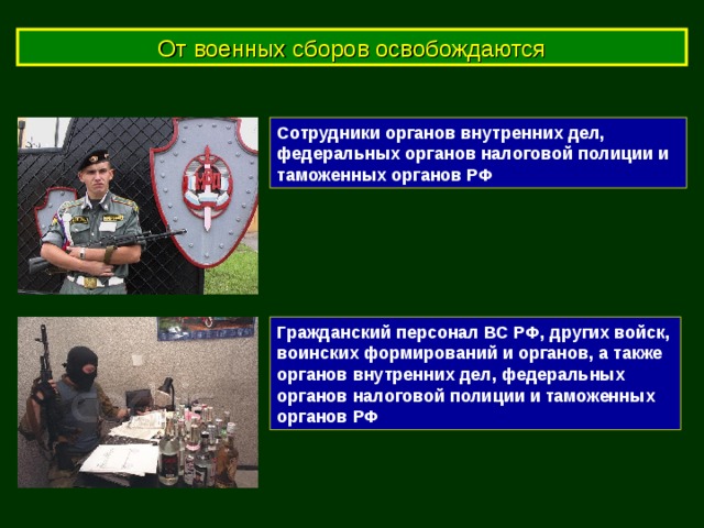 От военных сборов освобождаются Сотрудники органов внутренних дел, федеральных органов налоговой полиции и таможенных органов РФ Гражданский персонал ВС РФ, других войск, воинских формирований и органов, а также органов внутренних дел, федеральных органов налоговой полиции и таможенных органов РФ 