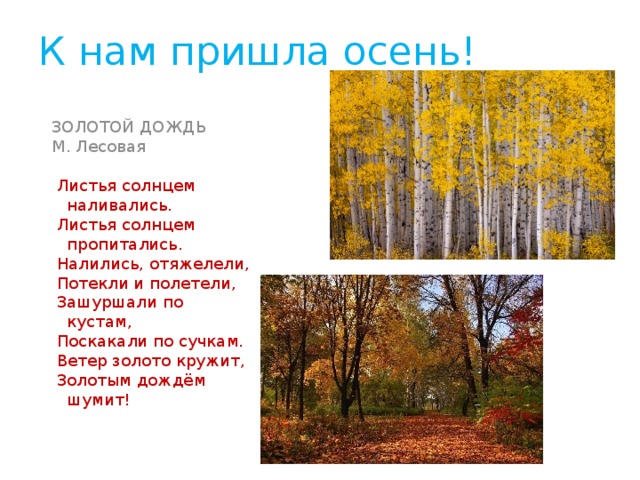 К нам пришла осень! ЗОЛОТОЙ ДОЖДЬ М. Лесовая  Листья солнцем наливались.  Листья солнцем пропитались.  Налились, отяжелели,  Потекли и полетели,  Зашуршали по кустам,  Поскакали по сучкам.  Ветер золото кружит,  Золотым дождём шумит! 