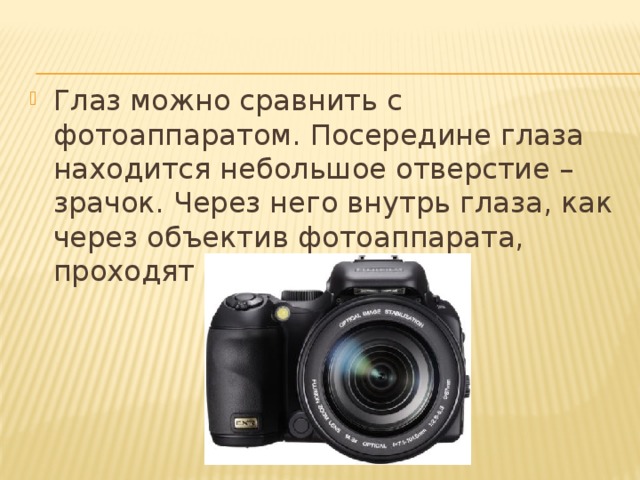 Глаз можно сравнить с фотоаппаратом. Посередине глаза находится небольшое отверстие – зрачок. Через него внутрь глаза, как через объектив фотоаппарата, проходят лучи света. 
