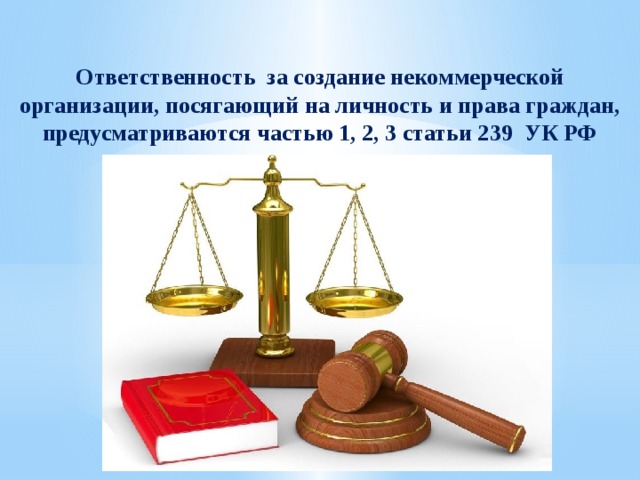 Ответственность за создание некоммерческой организации, посягающий на личность и права граждан, предусматриваются частью 1, 2, 3 статьи 239 УК РФ 