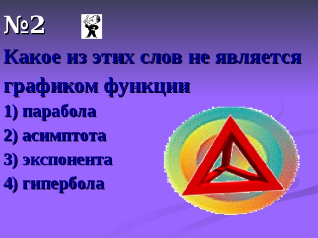 № 2 Какое из этих слов не является графиком функции 1) парабола 2) асимптота 3) экспонента 4) гипербола 