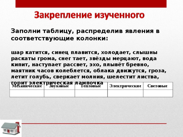 Заполни таблицу, распределив явления в соответствующие колонки:  шар катится, синец плавится, холодает, слышны раскаты грома, снег тает, звёзды мерцают, вода кипит, наступает рассвет, эхо, плывёт бревно, маятник часов колеблется, облака движутся, гроза, летит голубь, сверкает молния, шелестит листва, горит электрическая лампочка Механические Звуковые Тепловые Электрические Световые 