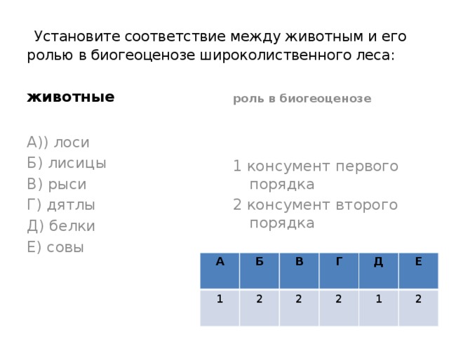  Установите соответствие между животным и его ролью в биогеоценозе широколиственного леса:  животные роль в биогеоценозе А)) лоси 1 консумент первого порядка Б) лисицы 2 консумент второго порядка В) рыси Г) дятлы Д) белки Е) совы А 1 Б В 2 2 Г 2 Д 1 Е 2 