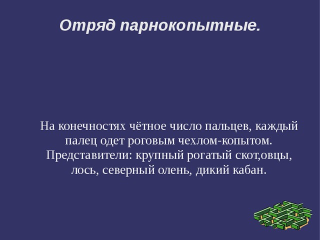 Отряд парнокопытные. На конечностях чётное число пальцев, каждый палец одет роговым чехлом-копытом. Представители: крупный рогатый скот,овцы, лось, северный олень, дикий кабан. 