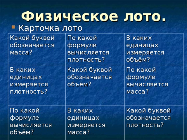 Физическое лото. Карточка лото Какой буквой обозначается масса? По какой формуле вычисляется плотность? В каких единицах измеряется плотность? В каких единицах измеряется объём? Какой буквой обозначается объём? По какой формуле вычисляется объём? В каких единицах измеряется масса? По какой формуле вычисляется масса? Какой буквой обозначается плотность? 