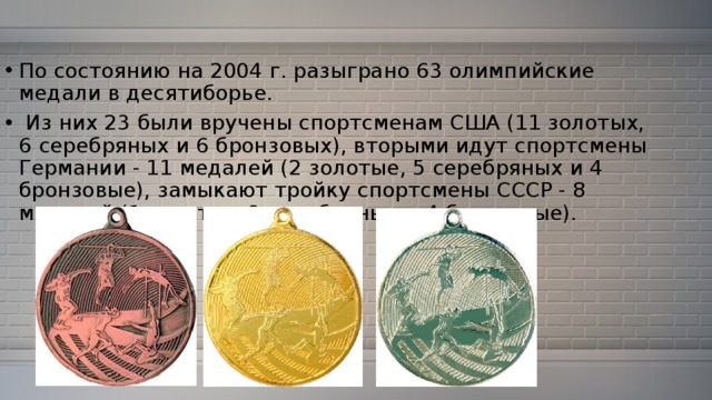 По состоянию на 2004 г. разыграно 63 олимпийские медали в десятиборье.  Из них 23 были вручены спортсменам США (11 золотых, 6 серебряных и 6 бронзовых), вторыми идут спортсмены Германии - 11 медалей (2 золотые, 5 серебряных и 4 бронзовые), замыкают тройку спортсмены СССР - 8 медалей (1 золотая, 3 серебряные и 4 бронзовые). 
