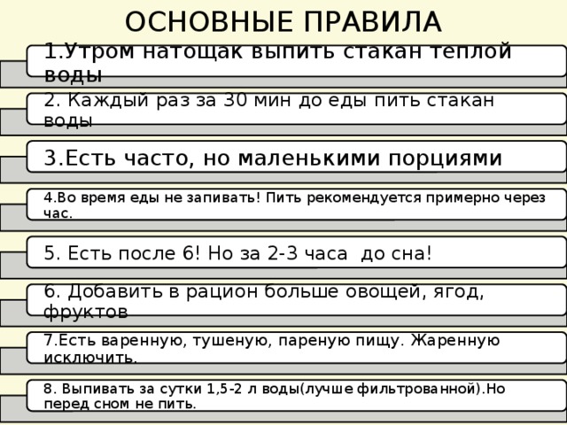 ОСНОВНЫЕ ПРАВИЛА 1.Утром натощак выпить стакан теплой воды 2. Каждый раз за 30 мин до еды пить стакан воды 3.Есть часто, но маленькими порциями 4.Во время еды не запивать! Пить рекомендуется примерно через час. 5. Есть после 6! Но за 2-3 часа до сна! 6. Добавить в рацион больше овощей, ягод, фруктов 7.Есть варенную, тушеную, пареную пищу. Жаренную исключить. 8. Выпивать за сутки 1,5-2 л воды(лучше фильтрованной).Но перед сном не пить. 