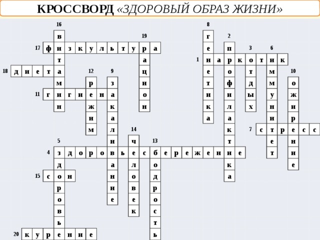 КРОССВОРД  «ЗДОРОВЫЙ ОБРАЗ ЖИЗНИ»                         18         17 д 16     и ф   в     е     и         т   т       з         11 а       к                 у   г   м               л       и   12   ь               н г         т             р и   19     9         у       е               4 р     ж з     5   н   15 а а         и             а з   ц   с           д д     м   к                     о         а       и о     р л н               20 р   8 о               н   о   к     г и         о   14 е         1   в у         в       ь     2 ч   а   н   р       ь         е     а е     п     н   е             с р       л   13   и     н         т   3 о о б к                 е   и   и       о в   о   к е     ф             е т д т       и     е         р   6 а     р и       е     д   к           л       ы   а   к   ж       м   о               с               х     е к   м     т т 10             н       у   ь         7   и         о н     к       е   с         и     ж       а         и     т               р       р е           е           т                       н с       с   и         е                                                                                         