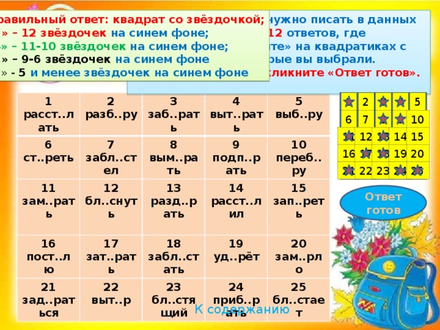 Правильный ответ: квадрат со звёздочкой; Подумайте, Е или И нужно писать в данных примерах . Выберите 12 ответов, где ПИШЕТСЯ И .  «Кликните» на квадратиках с теми номерами, которые вы выбрали. «5» – 12 звёздочек на синем фоне;  Завершив задание, кликните «Ответ готов». « 4» – 11-10 звёздочек на синем фоне; «3» – 9-6 звёздочек на синем фоне « 2 » - 5  и менее звёздочек на синем фоне 4 5 3 1 2 1 2 расст..лать 6 разб..ру ст..реть 7 11 3 12 забл..стел зам..рать 4 заб..рать 16 8 бл..снуть выт..рать вым..рать 9 21 5 17 13 пост..лю зат..рать выб..ру разд..рать 14 подп..рать зад..раться 22 18 10 расст..лил выт..р переб..ру 19 забл..стать 15 23  24 зап..реть бл..стящий уд..рёт 20 приб..рать 25 зам..рло бл..стает 10 9 8 7 6 12 14 13 15 11 20 19 18 17 16 22 25 24 23 21 Ответ готов К содержанию