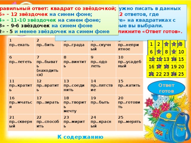 Правильный ответ: квадрат со звёздочкой; Подумайте, Е или И нужно писать в данных примерах . Выберите 12 ответов, где ПИШЕТСЯ Е .  «Кликните» на квадратиках с теми номерами, которые вы выбрали.  Завершив задание, кликните «Ответ готов». «5» – 12 звёздочек на синем фоне; « 4» – 11-10 звёздочек на синем фоне; «3» – 9-6 звёздочек на синем фоне « 2 » - 5  и менее звёздочек на синем фоне 1 2 пр..ехать 6 пр..бить 3 11 пр..лететь 7 4 пр..града пр..бывать 12 пр..кратить 16 8 пр..скучный пр..вратить 21 пр..винтить (находиться) 5 17 пр..мчаться 9 13 22 14 пр..зирать пр..одо пр..соединить пр..непри пр..скверный 18 10 пр..пятствие пр..способить пр..творить леть 23 ятное пр..усадеб 15 19 пр..мирить 24 пр..быть пр..катить ный мечту 20 пр..красный 25 пр..готовить  пр..мерять 1 5 4 3 2 10 9 8 7 6 13 15 14 12 11 16 20 19 18 17 21 25 24 23 22 Ответ готов К содержанию