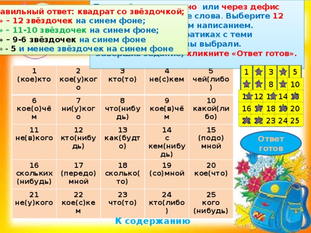 Подумайте, раздельно или через дефис нужно писать данные слова . Выберите 12 ответов с раздельным написанием.  «Кликните» на квадратиках с теми номерами, которые вы выбрали.  Завершив задание, кликните «Ответ готов». Правильный ответ: квадрат со звёздочкой; «5» – 12 звёздочек на синем фоне; « 4» – 11-10 звёздочек на синем фоне; «3» – 9-6 звёздочек на синем фоне « 2 » - 5  и менее звёздочек на синем фоне 5 1 4 3 2 1 (кое)кто 2 6 кое(у)кого 7 кое(о)чём 3 11 ни(у)кого кто(то) 12 не(в)кого 4 8 16 кто(нибудь) не(с)кем 21 5 9 что(нибудь) 17 скольких 13 кое(в)чём (передо) не(у)кого 22 чей(либо) 14 как(будто) 18 (нибудь) 10 кое(с)кем с кем(нибудь) 19 мной 15 сколько(то) какой(либо) 23 (со)мной (подо) что(то) 24 20 кто(либо) кое(что) мной 25 кого (нибудь) 10 9 8 7 6 15 12 14 13 11 19 20 18 17 16 22 25 24 23 21 Ответ готов К содержанию