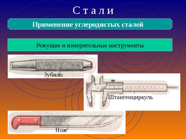 С т а л и Применение углеродистых сталей  Режущие и измерительные инструменты Зубило Штангенциркуль Нож 