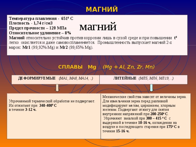 МАГНИЙ магний Температура плавления - 651 0 С Плотность - 1,74 г/см3 Предел прочности – 120 МПа Относительное удлинение – 8% Магний относительно устойчив против коррозии лишь в сухой среде и при повышении t 0 легко окисляется и даже самовоспламеняется. Промышленность выпускает магний 2-х марок: Мг1 (99,92% Mg ) и Мг2 (99,65% Mg ). СПЛАВЫ Mg  ( Mg + Al , Zn , Zr , Mn ) ДЕФОРМИРУЕМЫЕ (МА1, МА8, МА14, ..) ЛИТЕЙНЫЕ (МЛ5, МЛ6, МЛ19, ..)  Упрочняемой термической обработке не подвергают. Их отжигают при 340-400 0 С в течение 3-12 ч. Механические свойства зависят от величины зерна. Для измельчения зерна перед разливкой модифицируют мелом, цирконием, хлорным железом. Подвергают отжигу для снятия внутренних напряжений при 200-250 0 С .  Упрочняют закалкой при 380 – 415 0 С с выдержкой в течение 10-16 ч, охлаждении на воздухе и последующего старения при 175 0 С в течение 15-16 ч. 