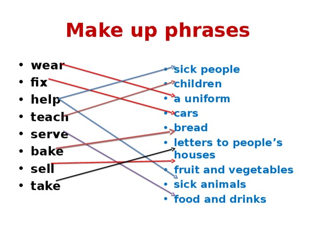 Make up phrases wear fix help teach serve bake sell take sick people children a uniform cars bread letters to people’s houses fruit and vegetables sick animals food and drinks  