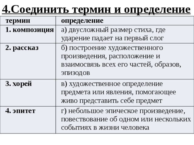 4.Соединить термин и определение термин определение 1. композиция а) двусложный размер стиха, где ударение падает на первый слог 2. рассказ б) построение художественного произведения, расположение и взаимосвязь всех его частей, образов, эпизодов 3. хорей в) художественное определение предмета или явления, помогающее живо представить себе предмет 4. эпитет г) небольшое эпическое произведение, повествование об одном или нескольких событиях в жизни человека 