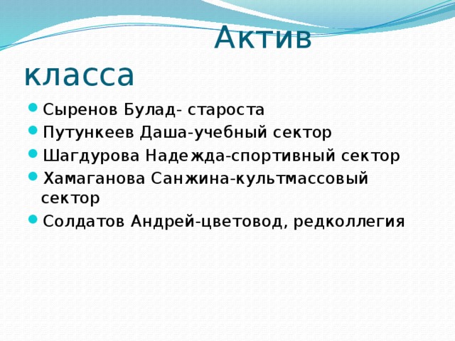  Актив класса Сыренов Булад- староста Путункеев Даша-учебный сектор Шагдурова Надежда-спортивный сектор Хамаганова Санжина-культмассовый сектор Солдатов Андрей-цветовод, редколлегия 