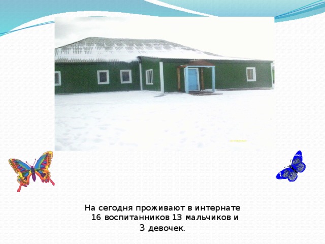 На сегодня проживают в интернате 16 воспитанников 13 мальчиков и 3 девочек. 