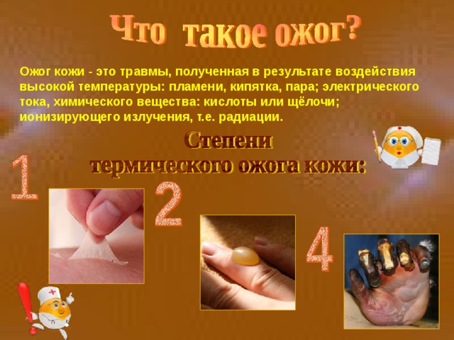  Ожог кожи - это травмы, полученная в результате воздействия высокой температуры: пламени, кипятка, пара; электрического тока, химического вещества: кислоты или щёлочи; ионизирующего излучения, т.е. радиации. 