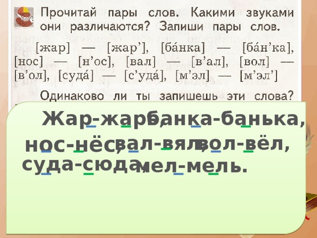 Отметь на схеме какими звуками различаются слова