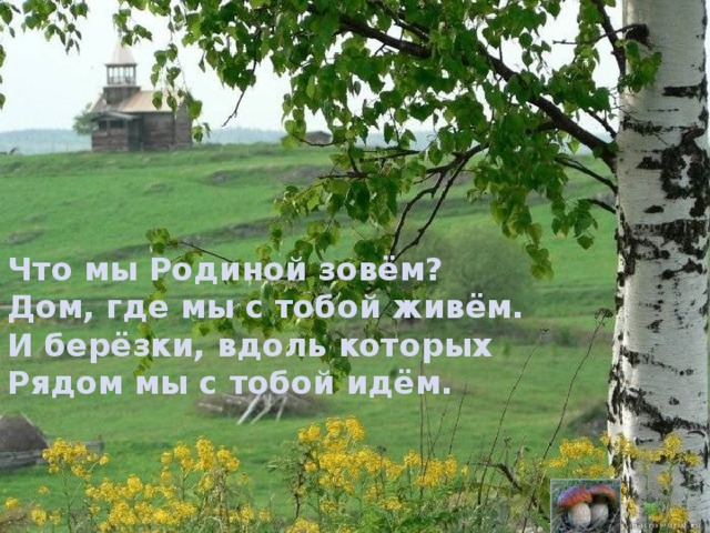 Что мы Родиной зовём?  Дом, где мы с тобой живём.  И берёзки, вдоль которых  Рядом мы с тобой идём.   