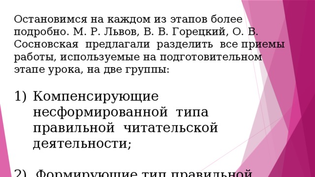 Остановимся на каждом из этапов более подробно. М. Р. Львов, В. В. Горецкий, О. В. Сосновская предлагали разделить все приемы работы, используемые на подготовительном этапе урока, на две группы: Компенсирующие несформированной типа правильной читательской деятельности; 2) Формирующие тип правильной читательской деятельности 