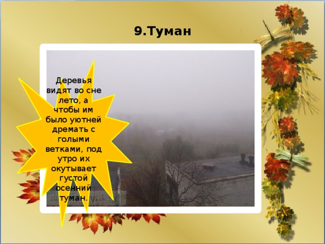 9.Туман Деревья видят во сне лето, а чтобы им было уютней дремать с голыми ветками, под утро их окутывает густой осенний туман. 