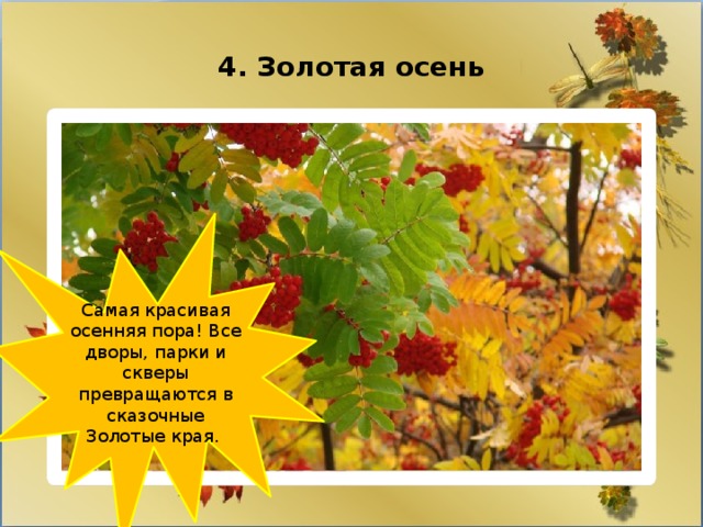 4. Золотая осень Самая красивая осенняя пора! Все дворы, парки и скверы превращаются в сказочные Золотые края.  