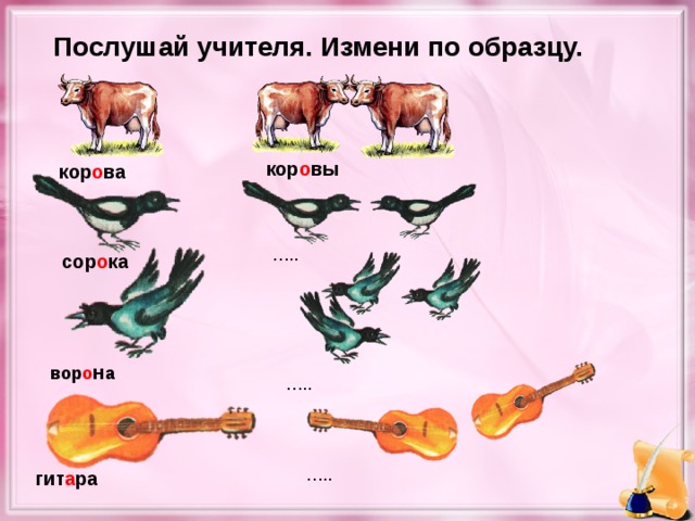 Послушай учителя. Измени по образцу. кор о вы кор о ва … .. сор о ка вор о н а … .. … .. гит а ра