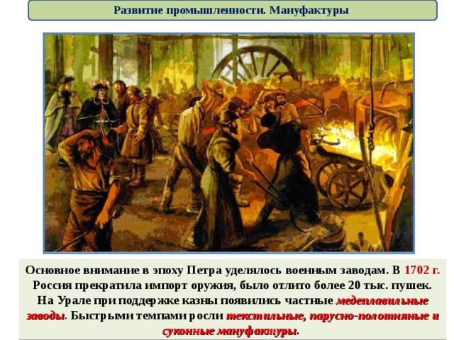 Развитие промышленности. Мануфактуры Основное внимание в эпоху Петра уделялось военным заводам. В 1702 г. Россия прекратила импорт оружия, было отлито более 20 тыс. пушек. На Урале при поддержке казны появились частные медеплавильные заводы . Быстрыми темпами росли текстильные, парусно-полотняные и суконные мануфактуры . 