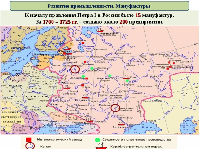 Развитие промышленности. Мануфактуры К началу правления Петра I в России было 15 мануфактур. За 1700 – 1725 гг. – создано около 200 предприятий.   