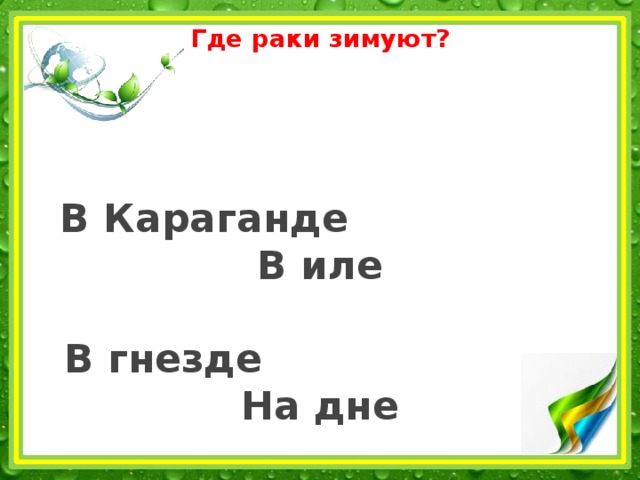 Где раки зимуют?     В Караганде В иле   В гнезде На дне 