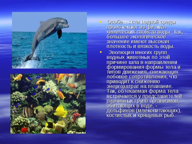 Особенности водной среды проистекают из физико-химических свойств воды. Так, большое экологическое значение имеют высокая плотность и вязкость воды.  Эволюция многих групп водных животных по этой причине шла в направлении формирования формы тела и типов движения, снижающих лобовое сопротивления, что приводит к снижению энергозатрат на плавание. Так, обтекаемая форма тела встречается у представителей различных групп организмов, обитающих в воде, - дельфинов (млекопитающих), костистых и хрящевых рыб.  