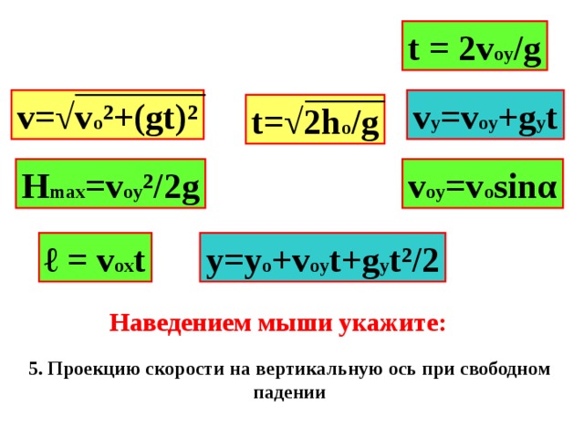 t = 2v oy /g v=√v o ²+(gt)² v y =v oy +g y t t=√2h o /g v oy =v o sin α H max =v oy ²/2g ℓ = v ox t y=y o +v oy t+g y t² /2 Наведением мыши укажите: 5. Проекцию скорости на вертикальную ось при свободном падении 