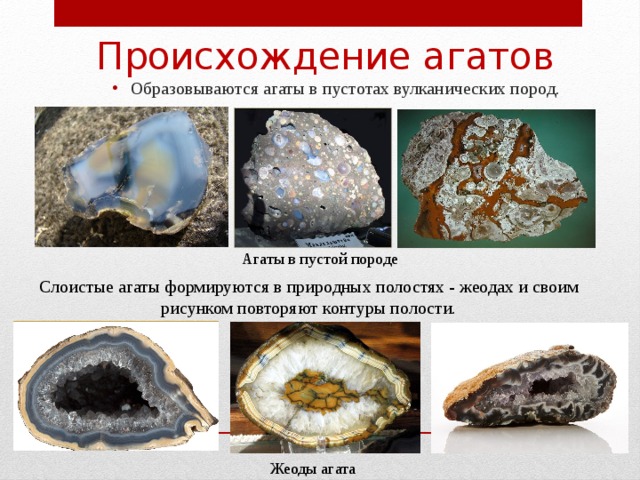 Происхождение агатов Образовываются агаты в пустотах вулканических пород. Агаты в пустой породе Слоистые агаты формируются в природных полостях - жеодах и своим рисунком повторяют контуры полости.   Жеоды агата 