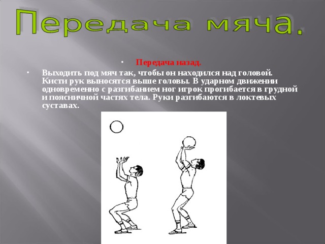 Передача назад.  Выходить под мяч так, чтобы он находился над головой. Кисти рук выносятся выше головы. В ударном движении одновременно с разгибанием ног игрок прогибается в грудной и поясничной частях тела. Руки разгибаются в локтевых суставах.  