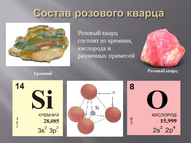 Розовый кварц состоит из кремния, кислорода и различных примесей Розовый кварц Кремний 