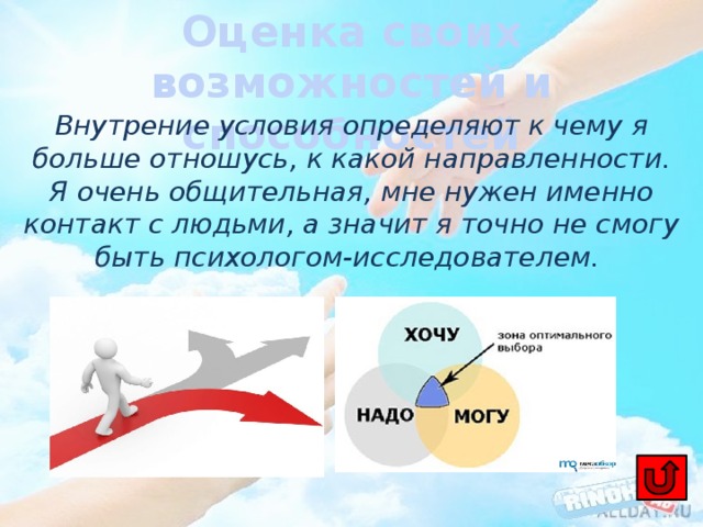 Оценка своих возможностей и способностей Внутрение условия определяют к чему я больше отношусь, к какой направленности. Я очень общительная, мне нужен именно контакт с людьми, а значит я точно не смогу быть психологом-исследователем. 